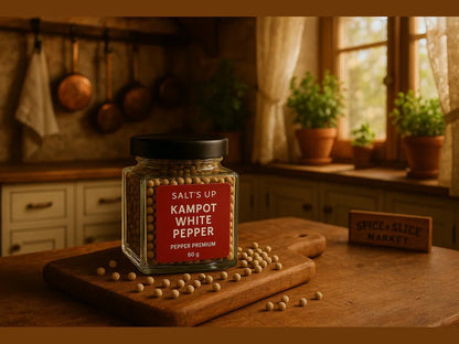 Glass jar of premium Kampot white pepper on rustic kitchen table with herbs and copper pans