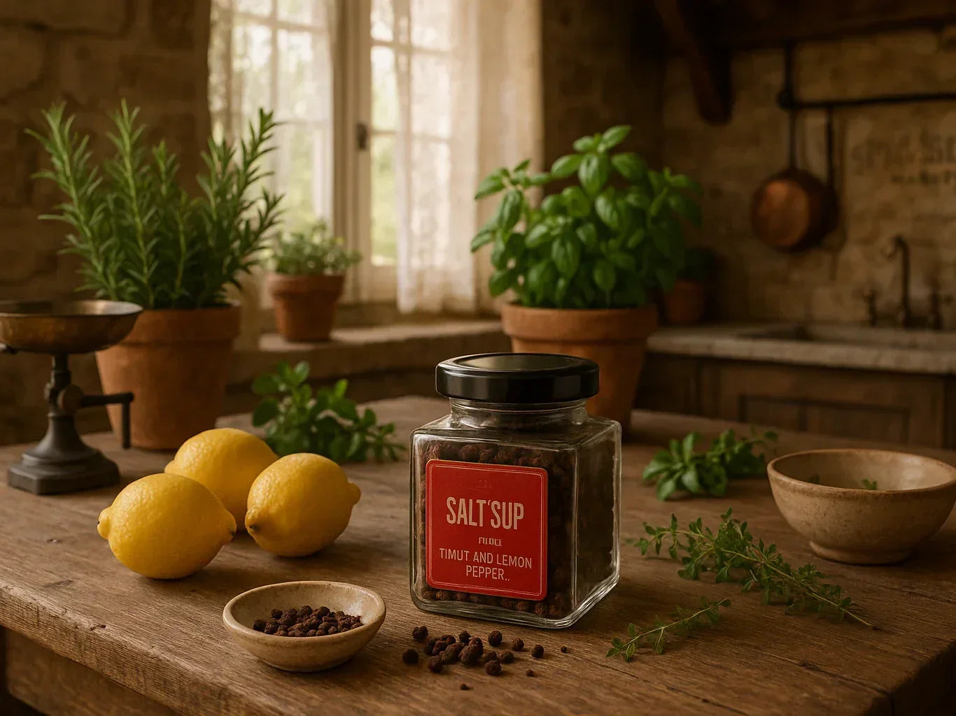 Lemons, fresh herbs, and a jar of Timut and lemon pepper on rustic farmhouse kitchen table