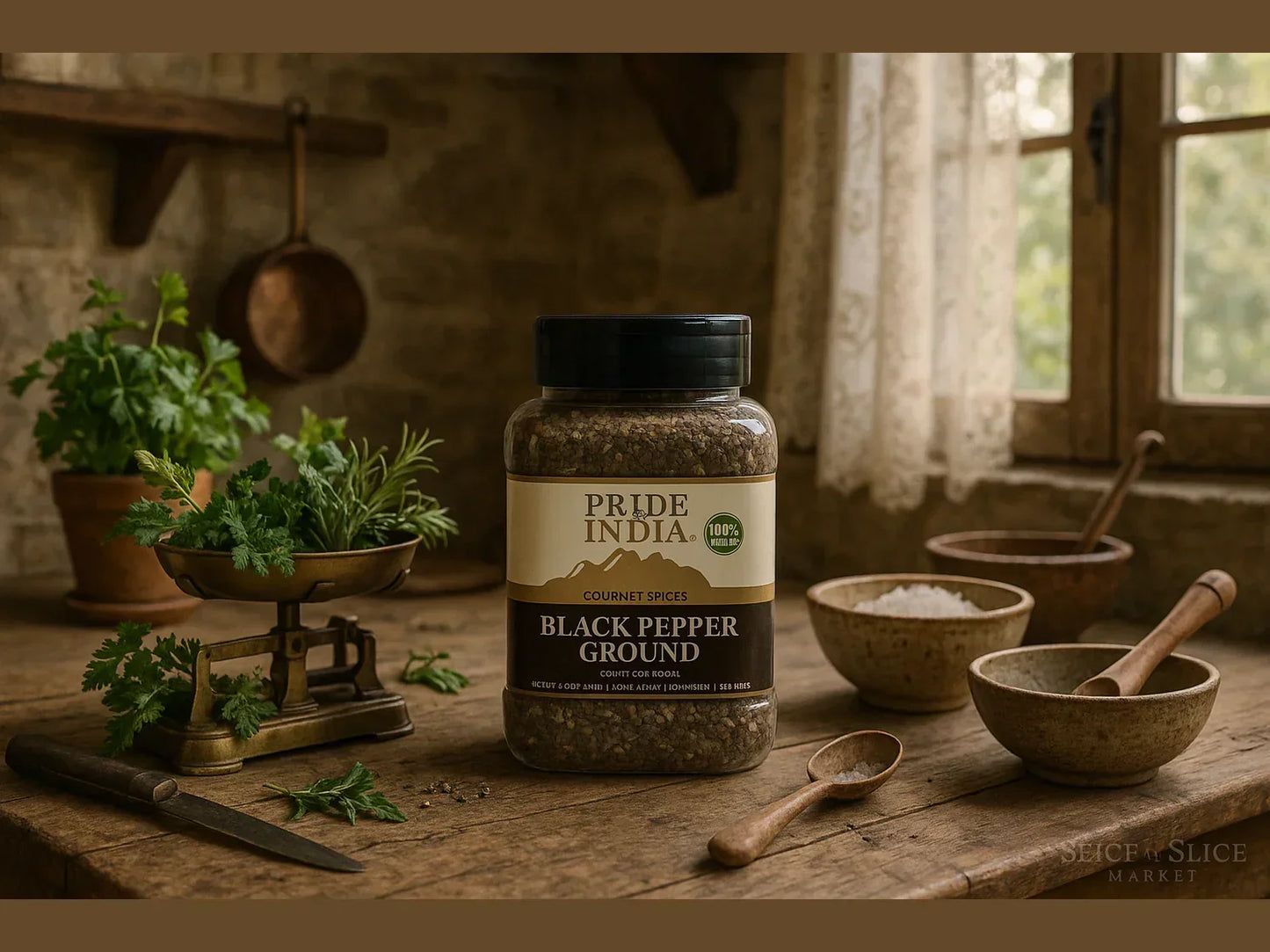 French farmhouse kitchen scene with ground black pepper jar, herbs, spices, rustic decor