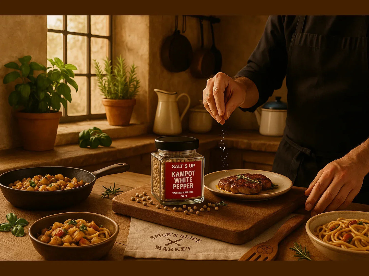 Rustic kitchen scene with Kampot white pepper jar, fresh herbs, and plated pasta and steak.