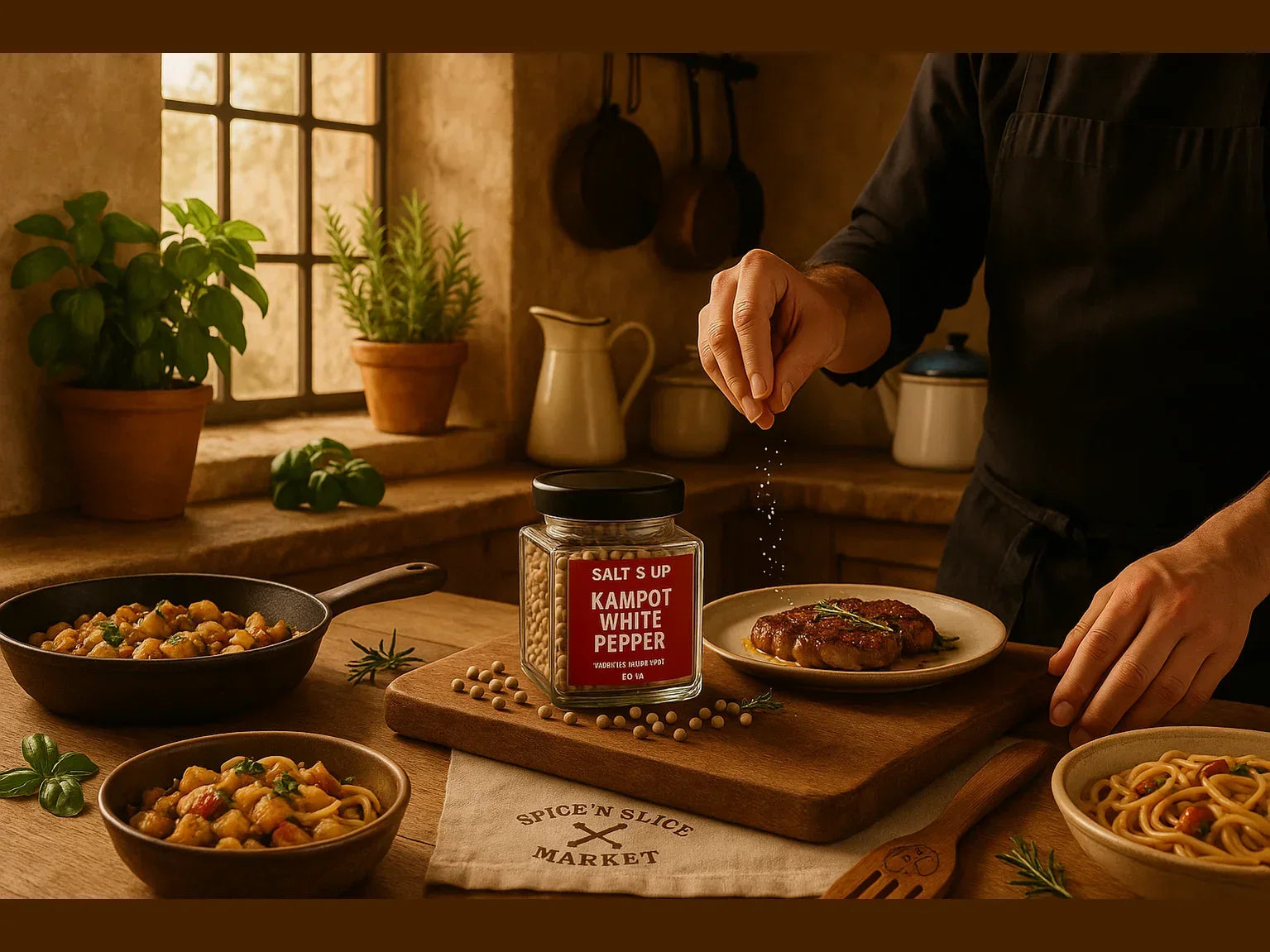 Rustic kitchen scene with Kampot white pepper jar, fresh herbs, and plated pasta and steak.