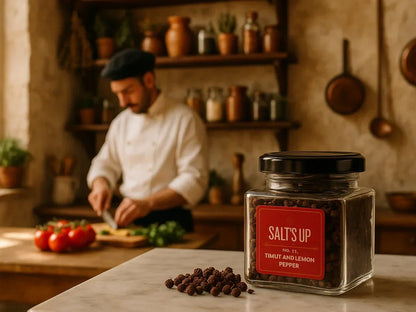 Chef slicing vegetables in a rustic French farmhouse kitchen with Timut and lemon pepper jar