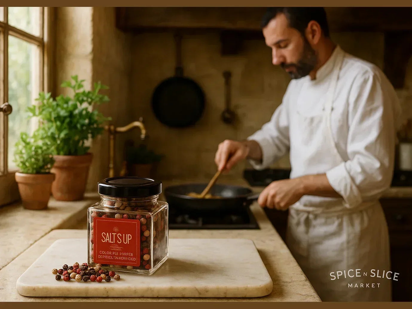 Chef cooking in rustic French farmhouse kitchen with jar of gourmet peppercorns on counter