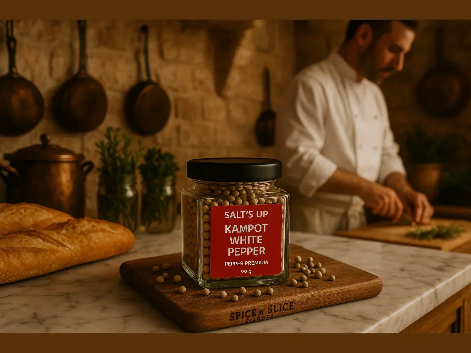 Chef preparing herbs in rustic French farmhouse kitchen with Kampot white pepper jar on counter