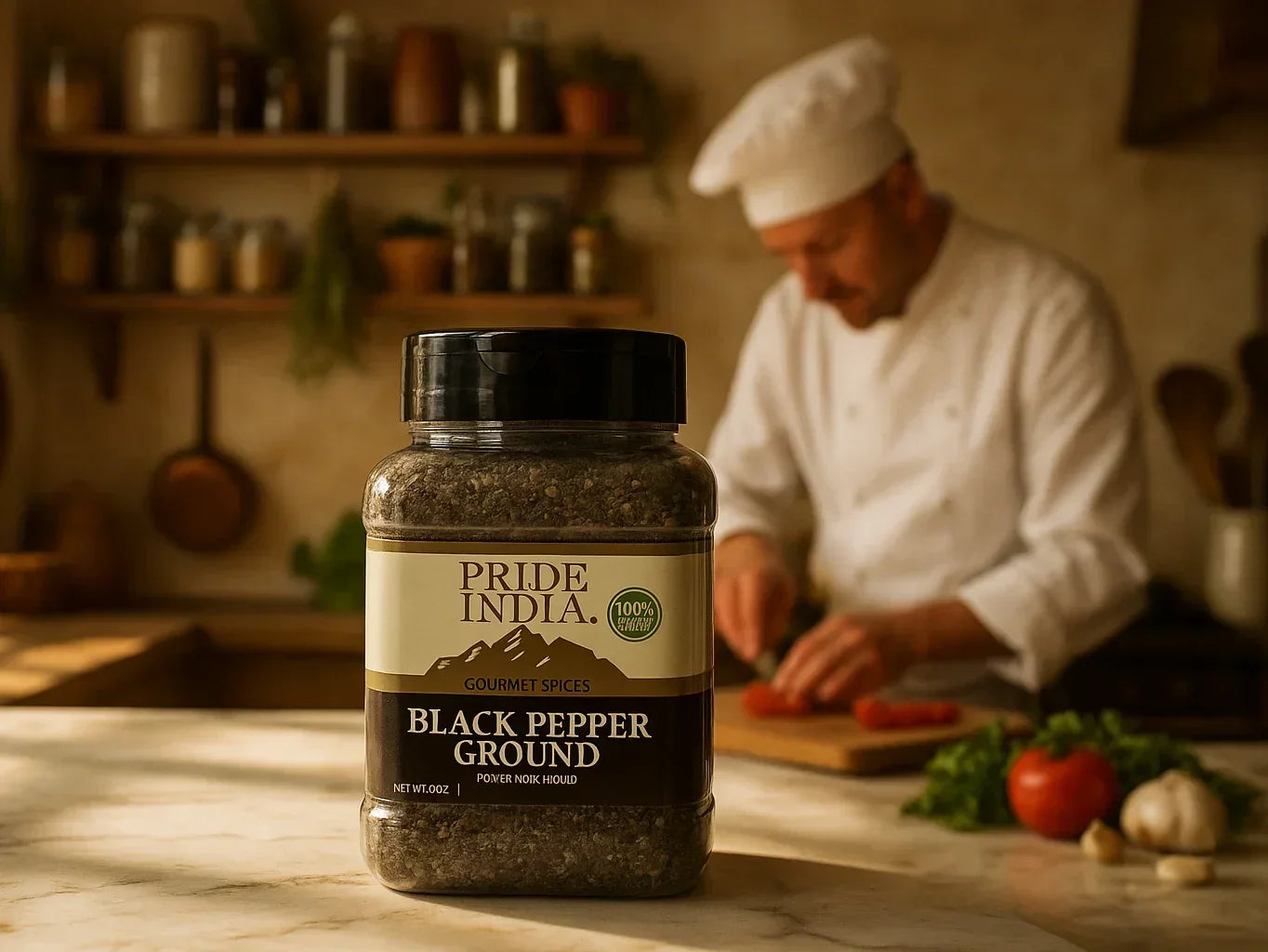 Chef slicing vegetables in rustic French farmhouse kitchen with ground black pepper jar