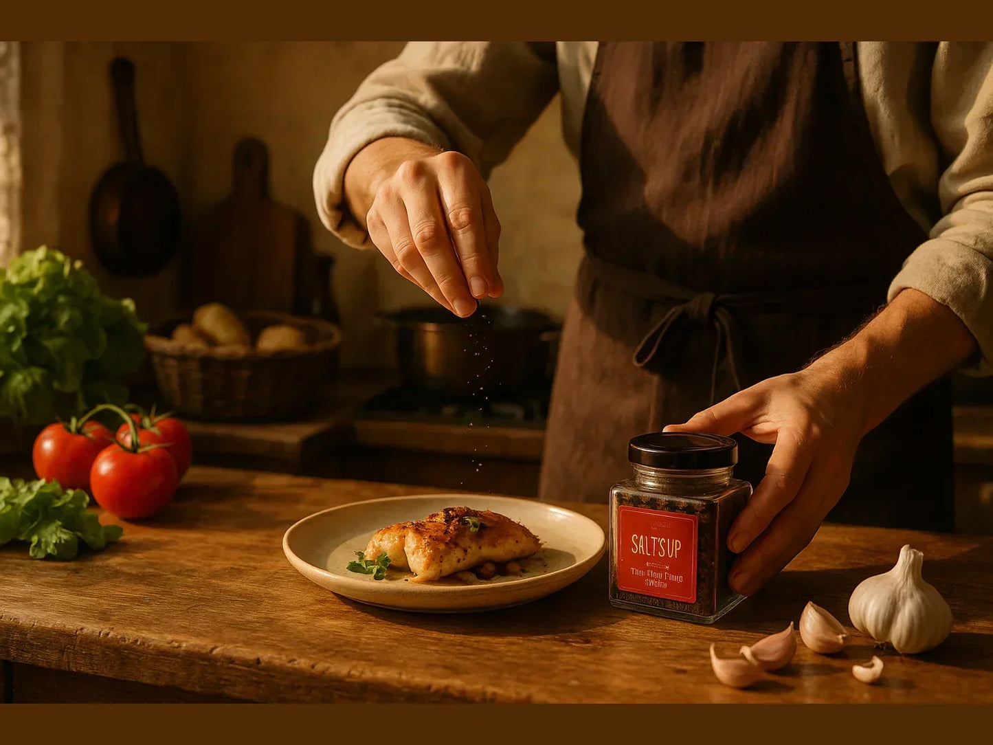 Chef seasoning chicken in a rustic French farmhouse kitchen with fresh herbs and tomatoes