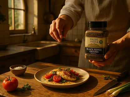 Chef seasoning grilled chicken with ground black pepper in a rustic French farmhouse kitchen
