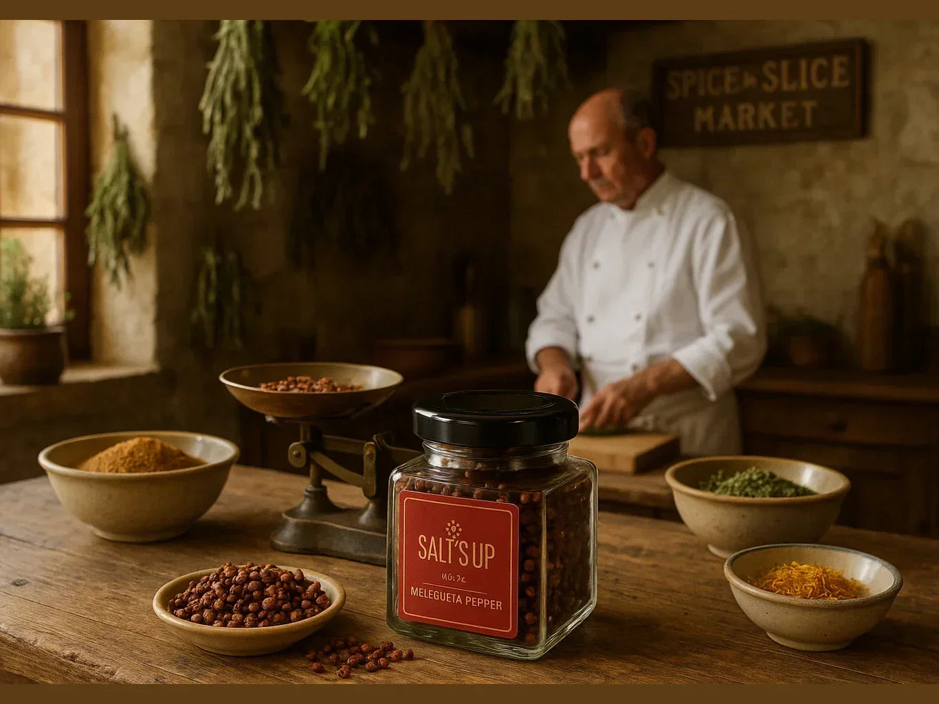 French farmhouse kitchen with chef preparing food, surrounded by spices and herbs.