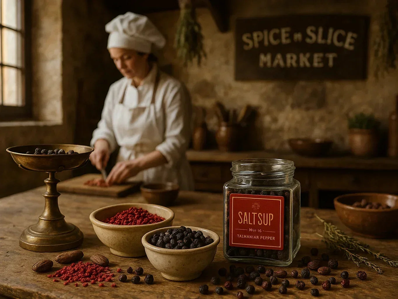 French farmhouse kitchen with chef slicing ingredients, artisan spices and pepper jars on rustic table