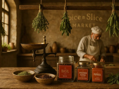 French farmhouse kitchen with chef, glass spice jars of basil, paprika, pepper, and dried herbs
