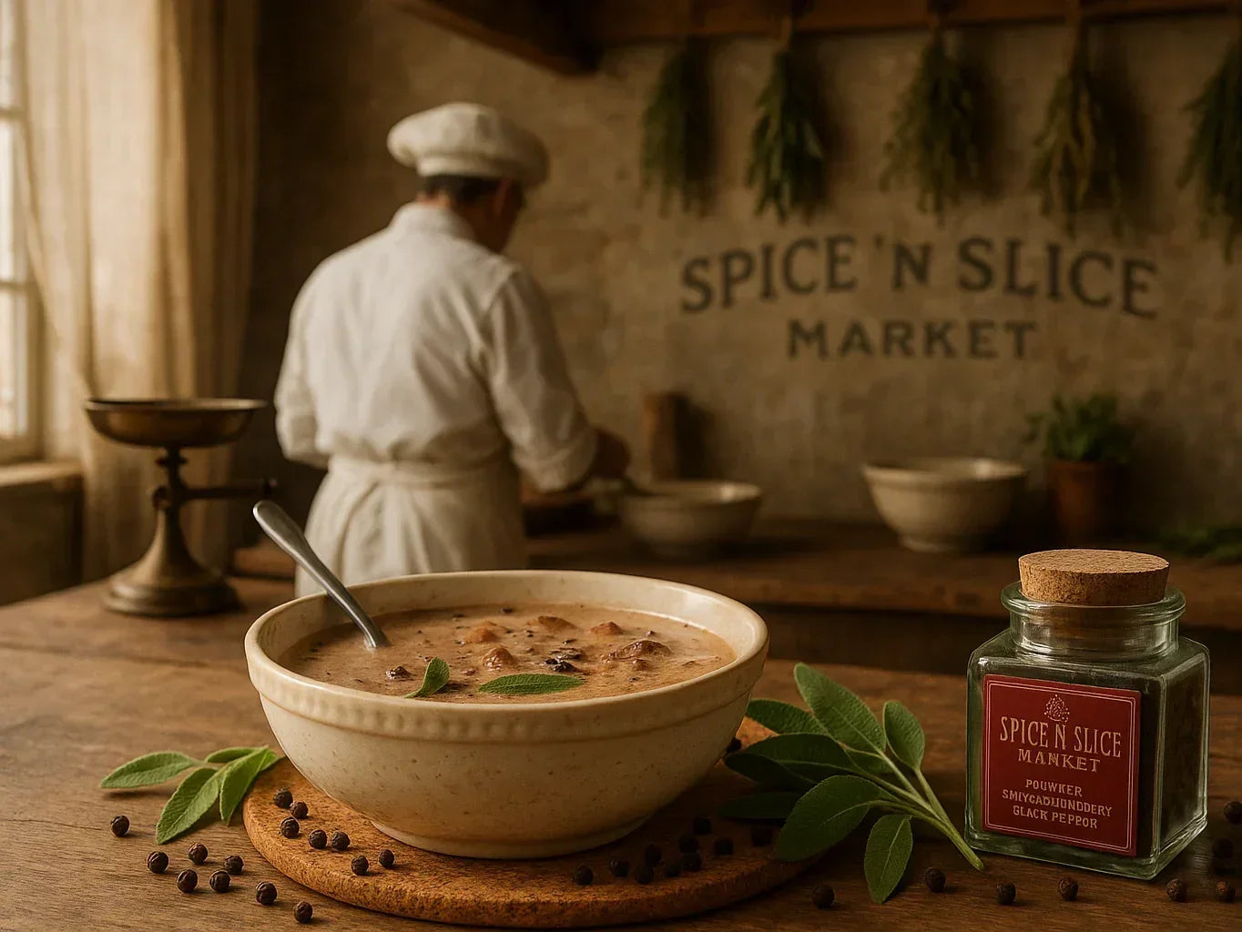 Rustic French farmhouse kitchen with chef, aromatic spices, and creamy pepper soup