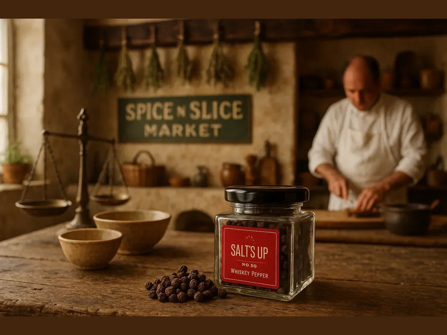 French farmhouse kitchen with chef, whiskey pepper jar, and rustic decor