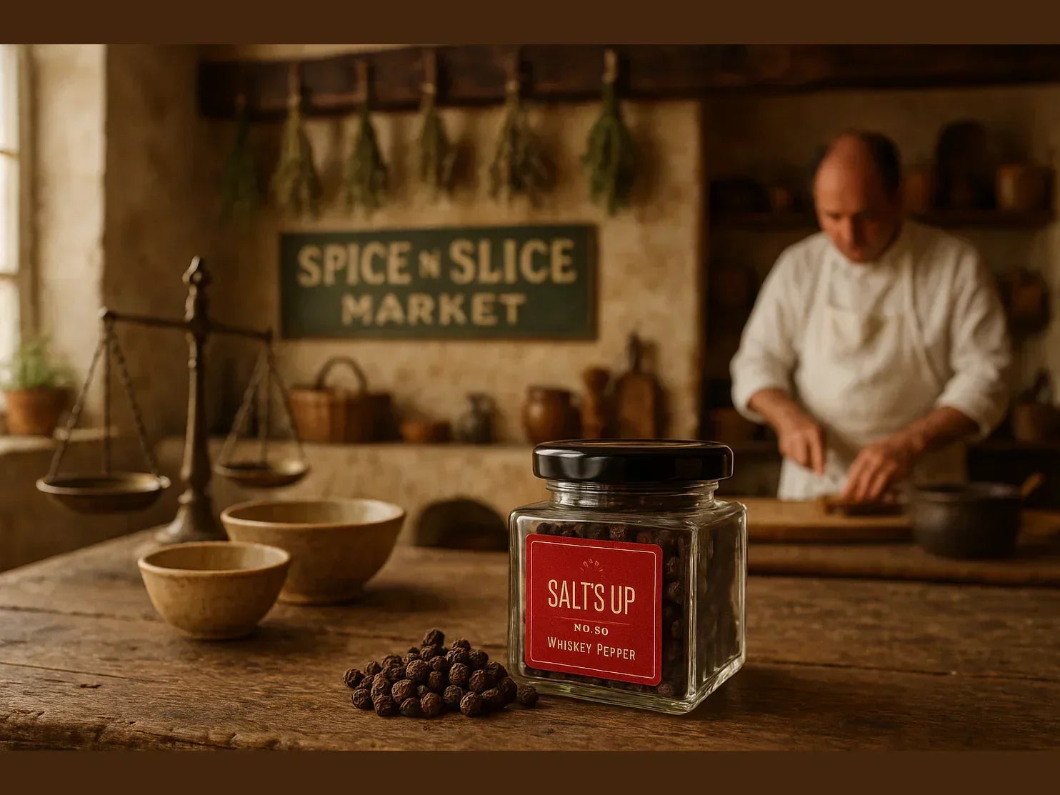 French farmhouse kitchen with chef, whiskey pepper jar, and rustic decor