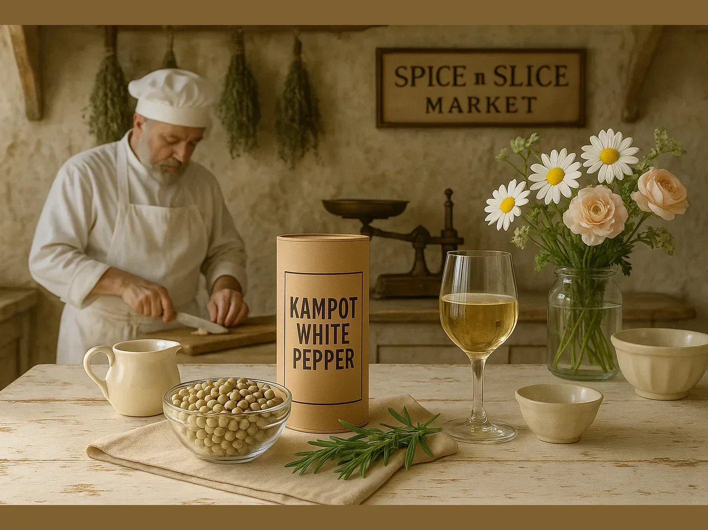 French farmhouse kitchen with chef, Kampot white pepper, wine, and fresh herbs on rustic table