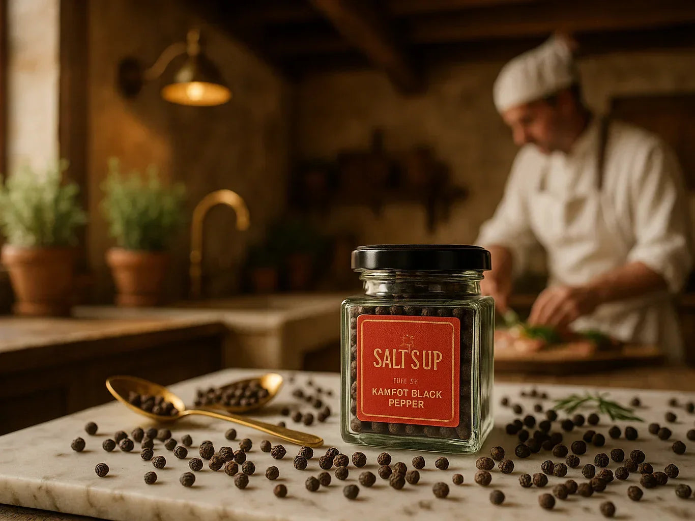 Jar of Kampot black pepper on marble countertop in rustic French farmhouse kitchen with chef in background