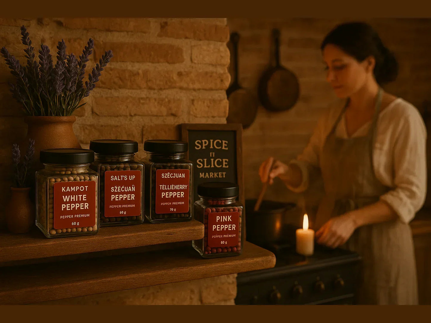 French farmhouse kitchen with female chef cooking, jars of Kampot, Szechuan, pink peppercorns