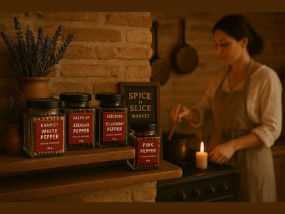 French farmhouse kitchen with female chef cooking, jars of Kampot, Szechuan, pink peppercorns