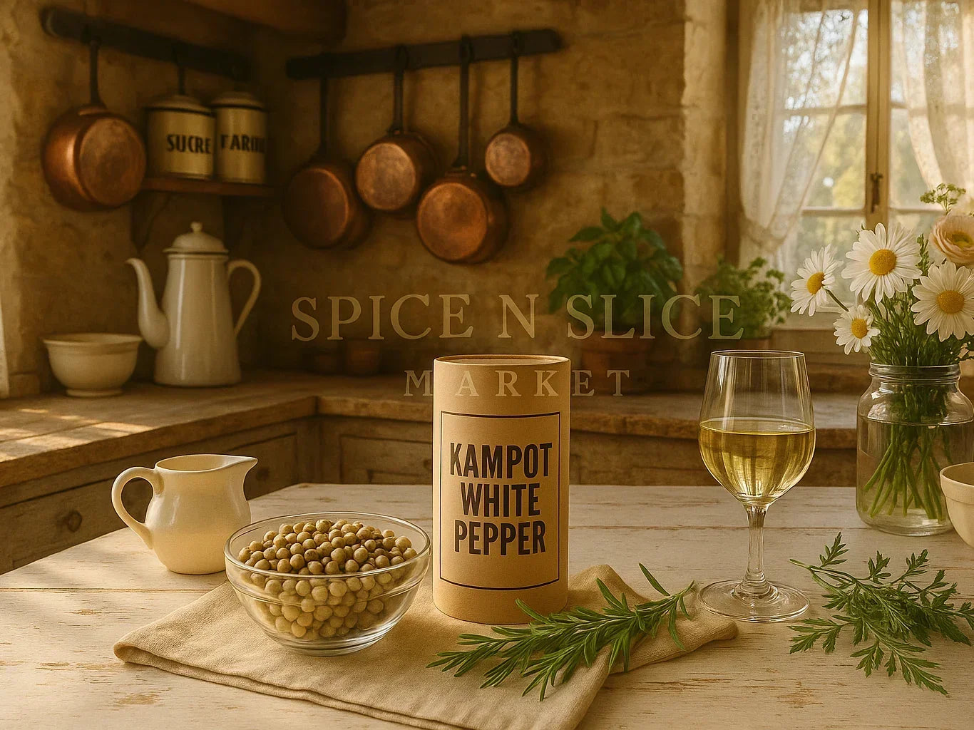 Kampot white pepper in a rustic French farmhouse kitchen with wine and fresh herbs.