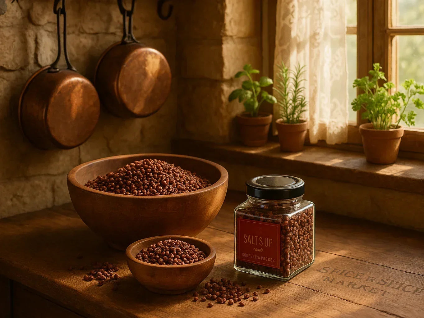 Melegueta pepper spice in wooden bowls and glass jar on rustic French farmhouse kitchen table