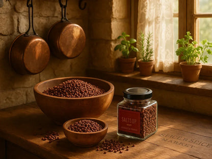 Melegueta pepper spice in wooden bowls and glass jar on rustic French farmhouse kitchen table