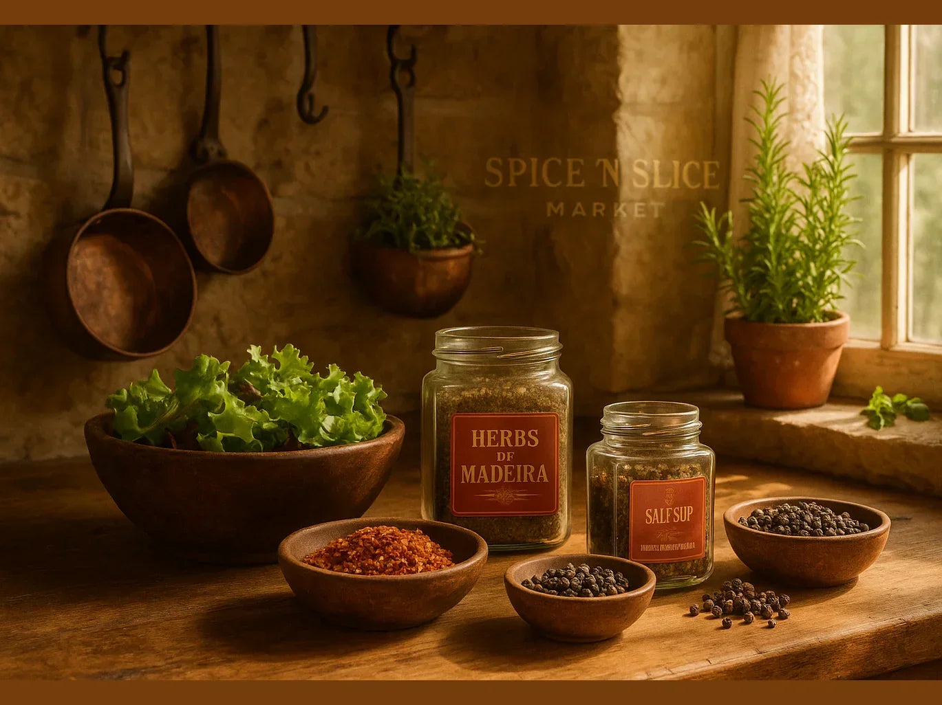 French farmhouse kitchen with premium spices, fresh herbs, ground pepper and salad on rustic table