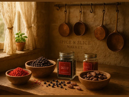 French farmhouse kitchen with jars of premium spices, dried peppers, cacao beans, rustic copper pans