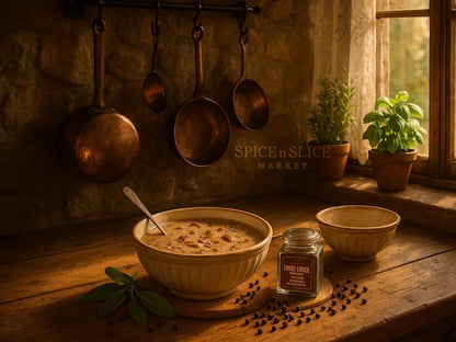 Rustic French farmhouse kitchen with soup, spice jar, herbs, and vintage cookware