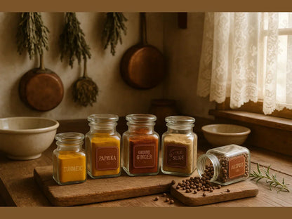 Rustic French farmhouse kitchen with labeled spice jars including turmeric, paprika, ginger, nutmeg, and allspice on wooden counter