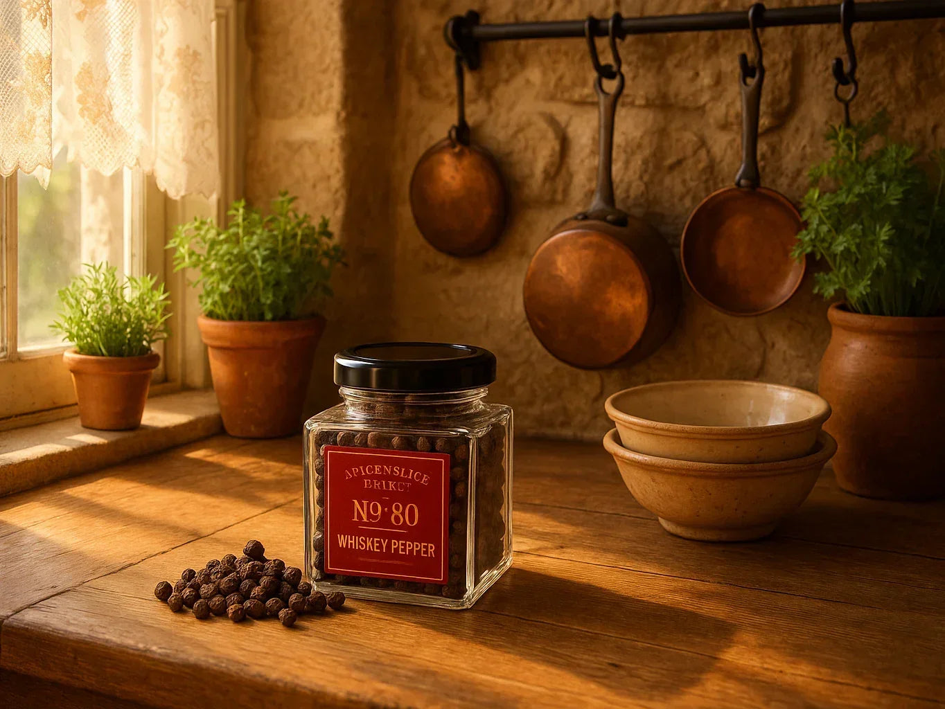 French farmhouse kitchen with whiskey pepper jar, fresh herbs, and copper pots