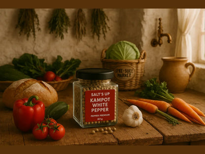 Kampot white pepper jar on rustic farmhouse table with fresh vegetables and bread