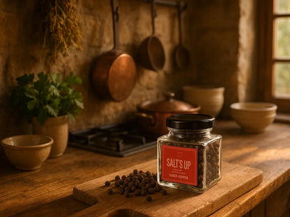 Cubeb pepper in a glass jar on rustic wooden kitchen counter with herbs and cookware