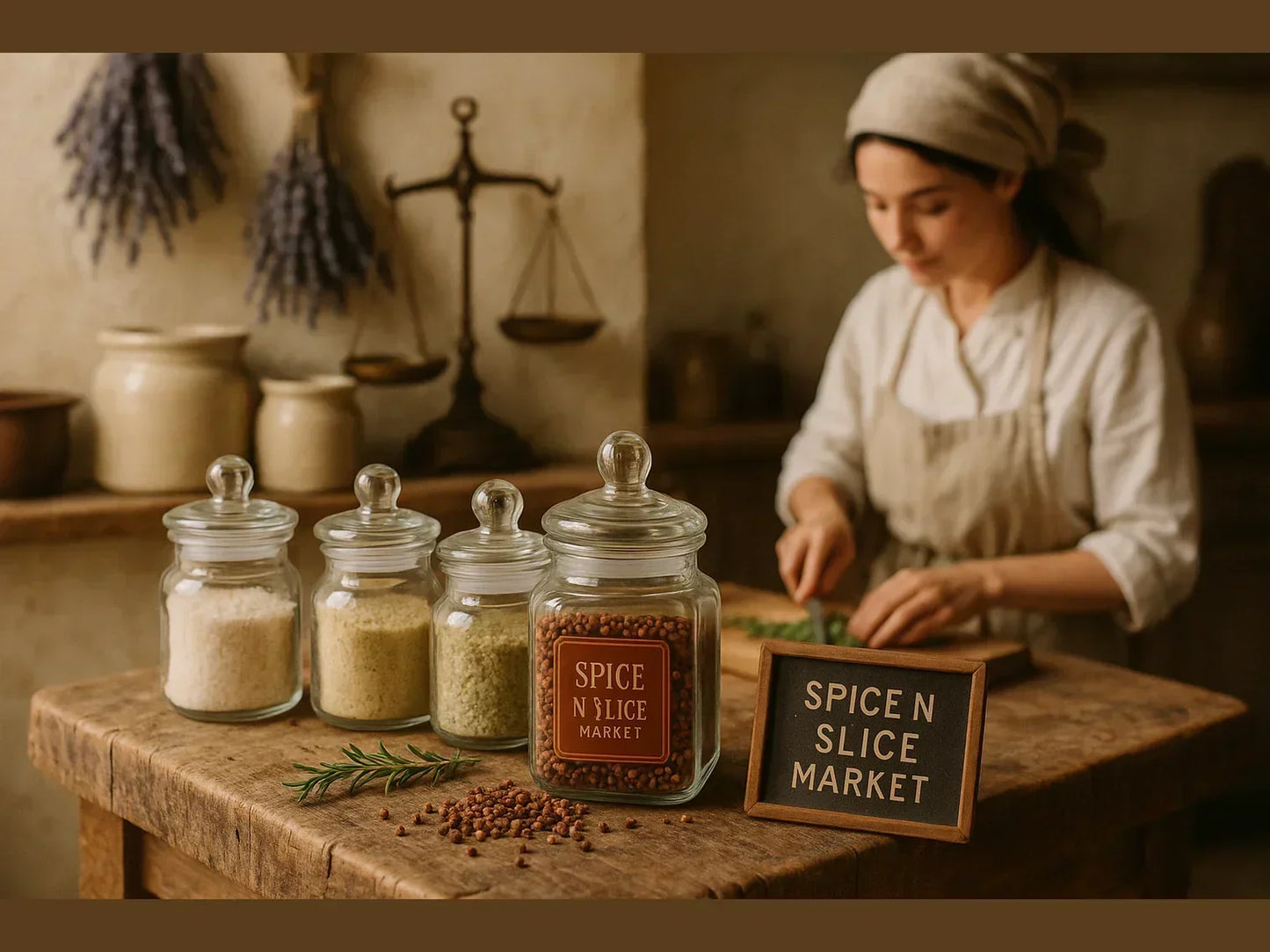 Female chef chopping herbs in rustic French farmhouse kitchen with spice jars and dried lavender