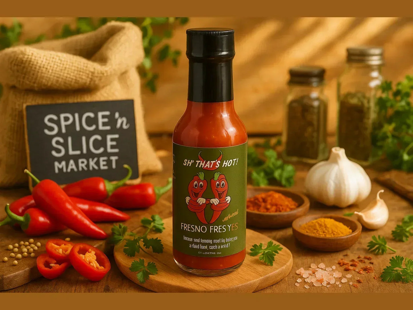 Hot sauce bottle with Fresno peppers, garlic, spices, and herbs in a market setting