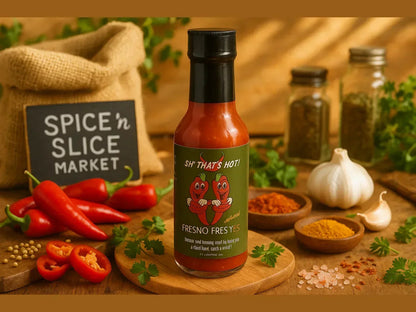 Hot sauce bottle with Fresno peppers, garlic, spices, and herbs in a market setting