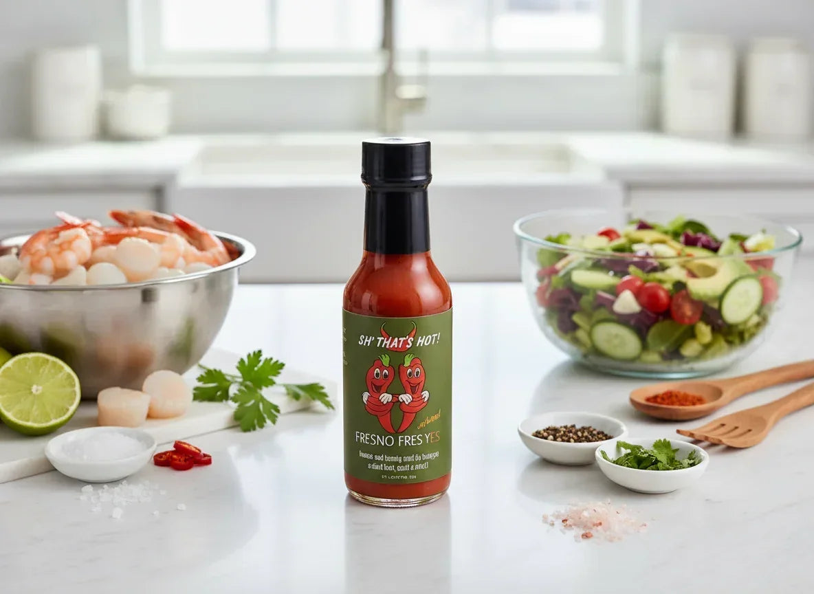 Fresno hot sauce bottle on kitchen counter with seafood, fresh salad, spices, and herbs