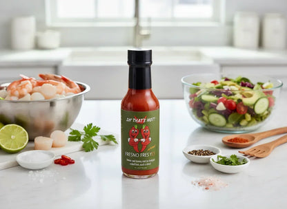 Fresno hot sauce bottle on kitchen counter with seafood, fresh salad, spices, and herbs