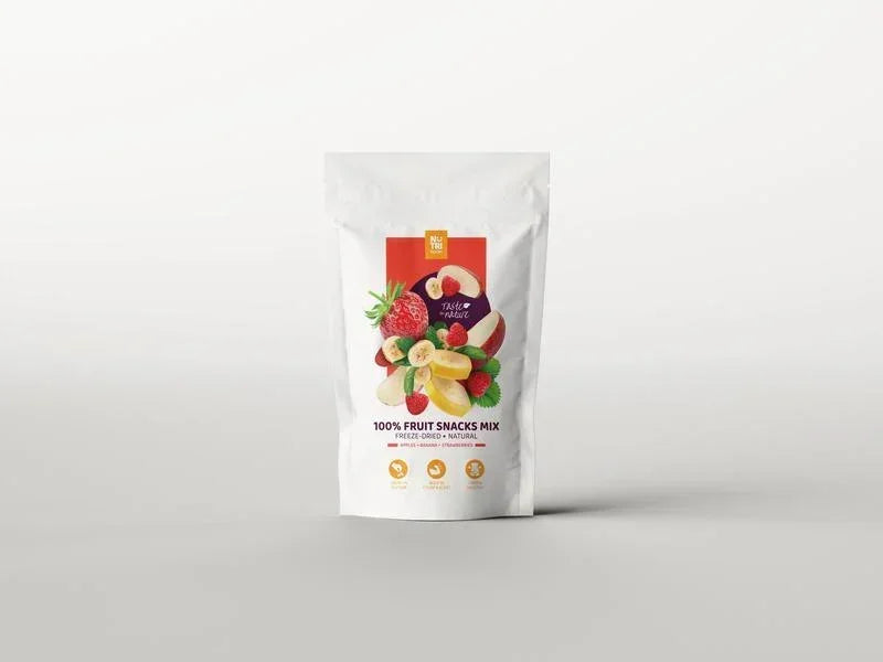 Pouch of freeze-dried fruit mix with strawberries, bananas, apples on white background.