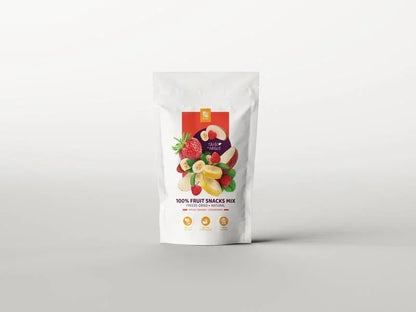 Pouch of freeze-dried fruit mix with strawberries, bananas, apples on white background.