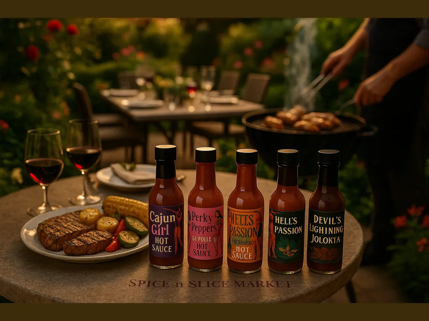 Garden BBQ party with grilled food, wine, and five artisan hot sauce bottles on a table.