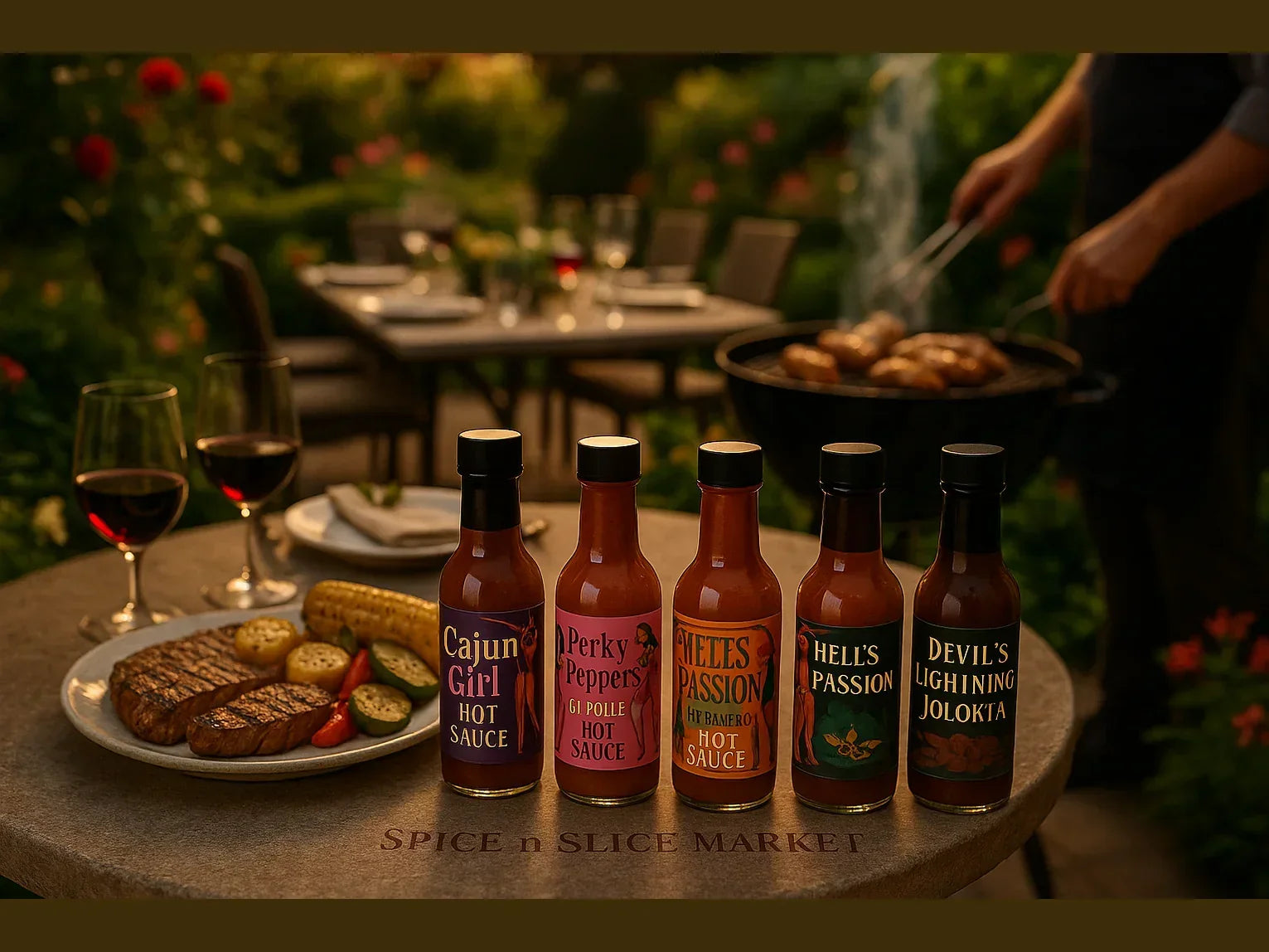 Garden BBQ party with grilled food, wine, and five artisan hot sauce bottles on a table.