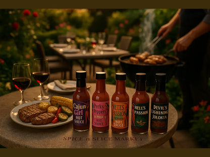 Garden BBQ party with grilled food, wine, and five artisan hot sauce bottles on a table.
