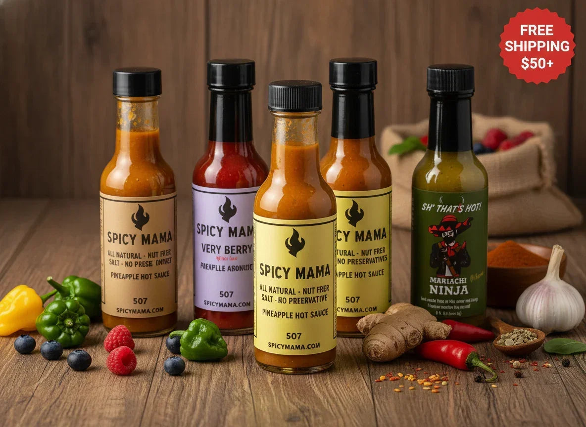Gift arrangement with five artisan hot sauce bottles, fresh peppers, berries, and spices on wood table from Spice n Slice Market.