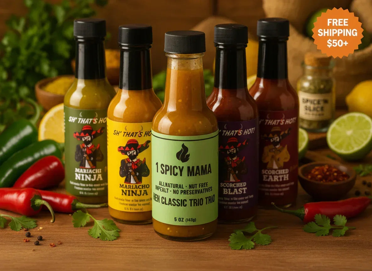 Artisan hot sauce gift set with colorful bottles, fresh chili peppers, limes, and spices, Spice n Slice Market.