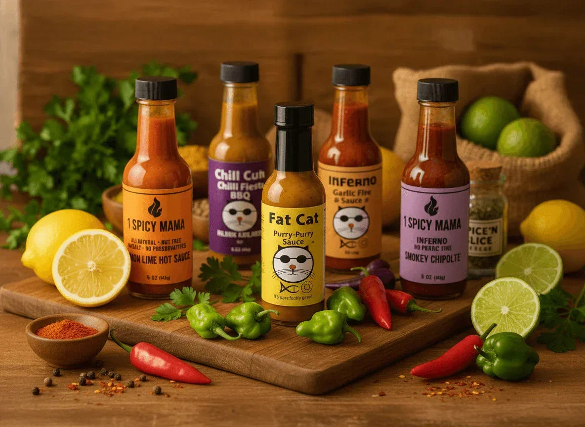 Artisan hot sauce bottles with fresh peppers, lemons, and spices on wooden table, Spice n Slice Market