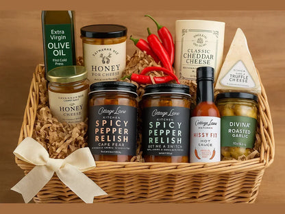Gourmet gift basket with olive oil, honey, hot sauce, spicy pepper relish, cheese, and roasted garlic.