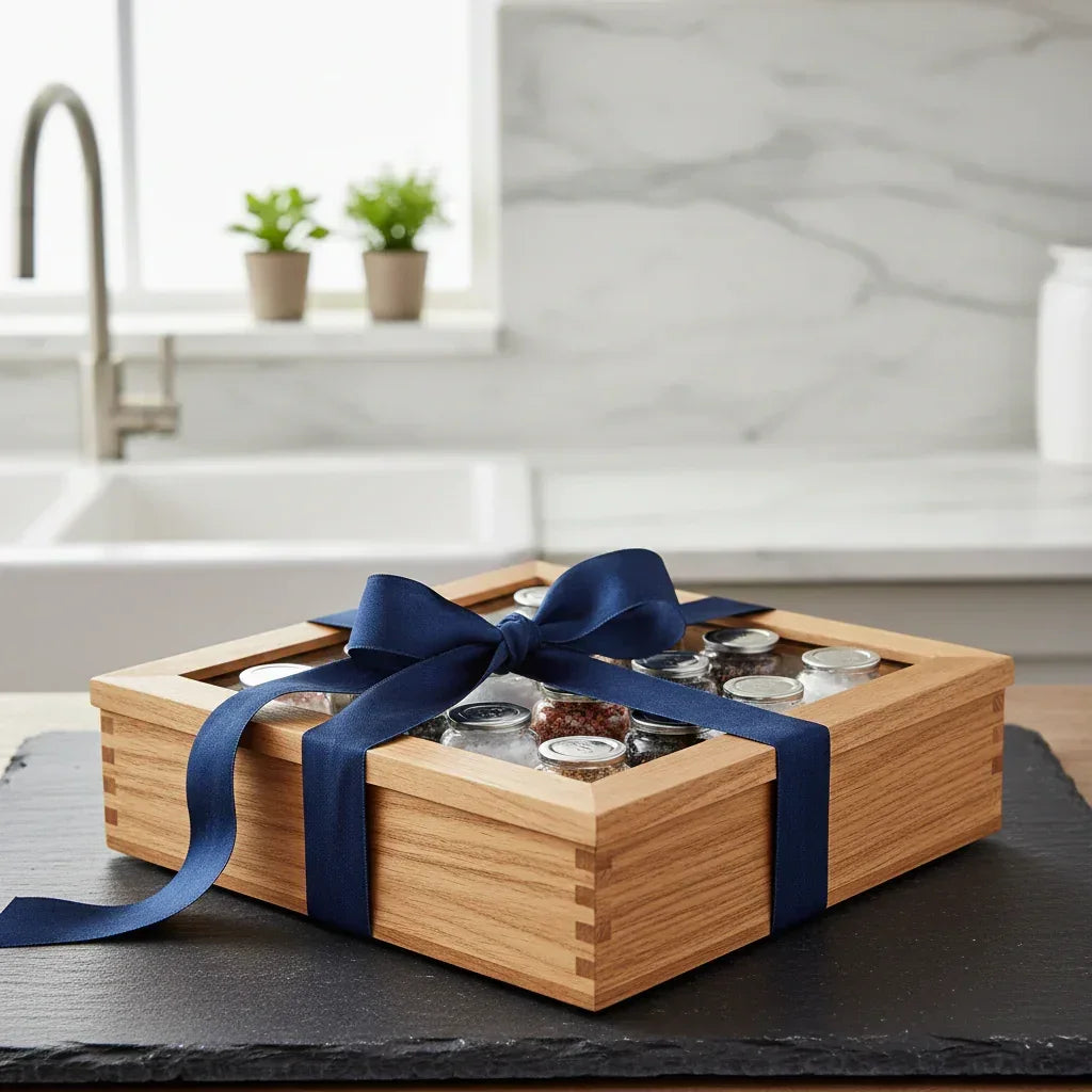 Wooden spice gift box with navy ribbon, filled with glass jars, displayed in a kitchen