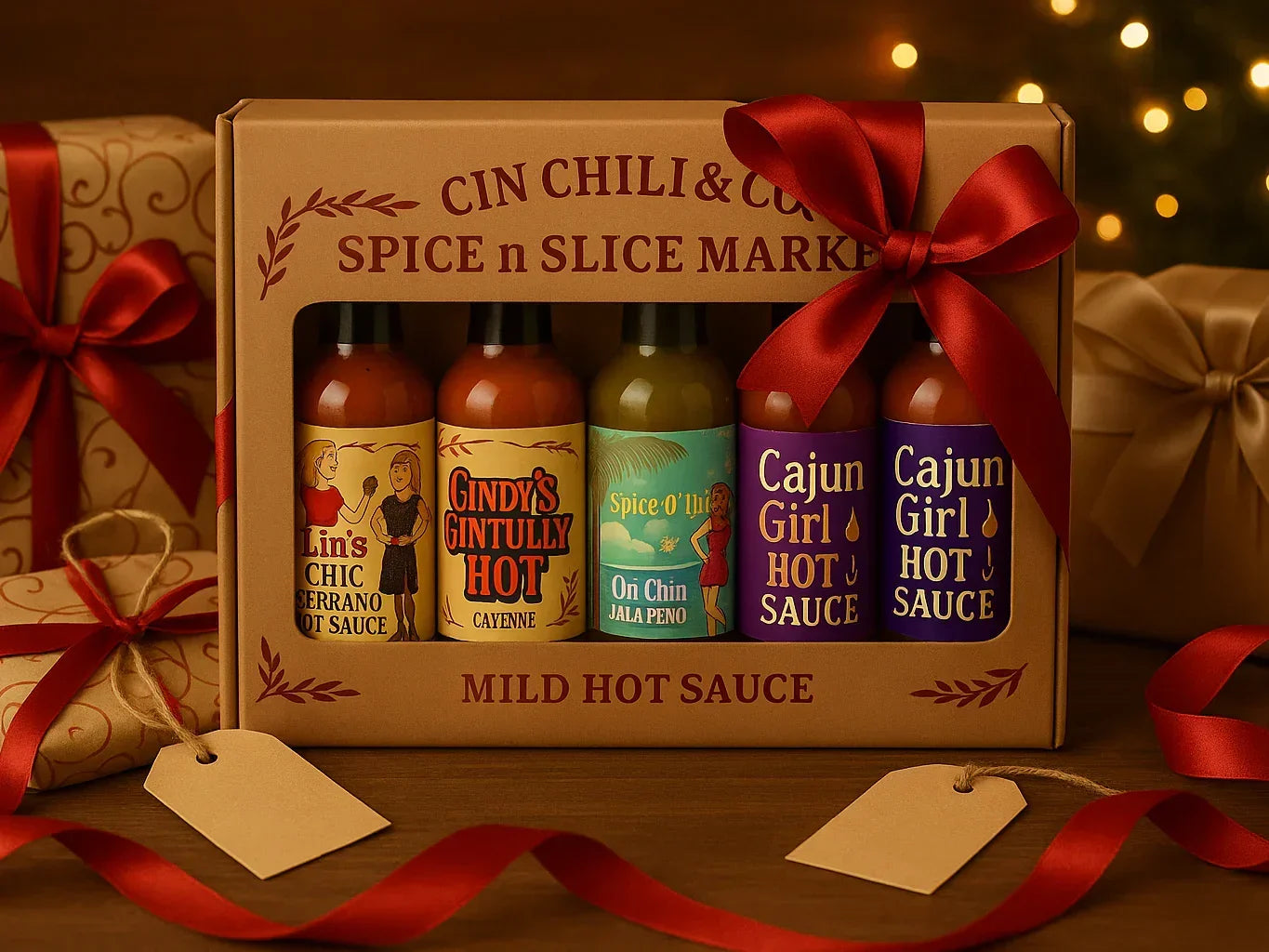 Gift box of assorted mild hot sauces with festive ribbons, surrounded by wrapped presents.