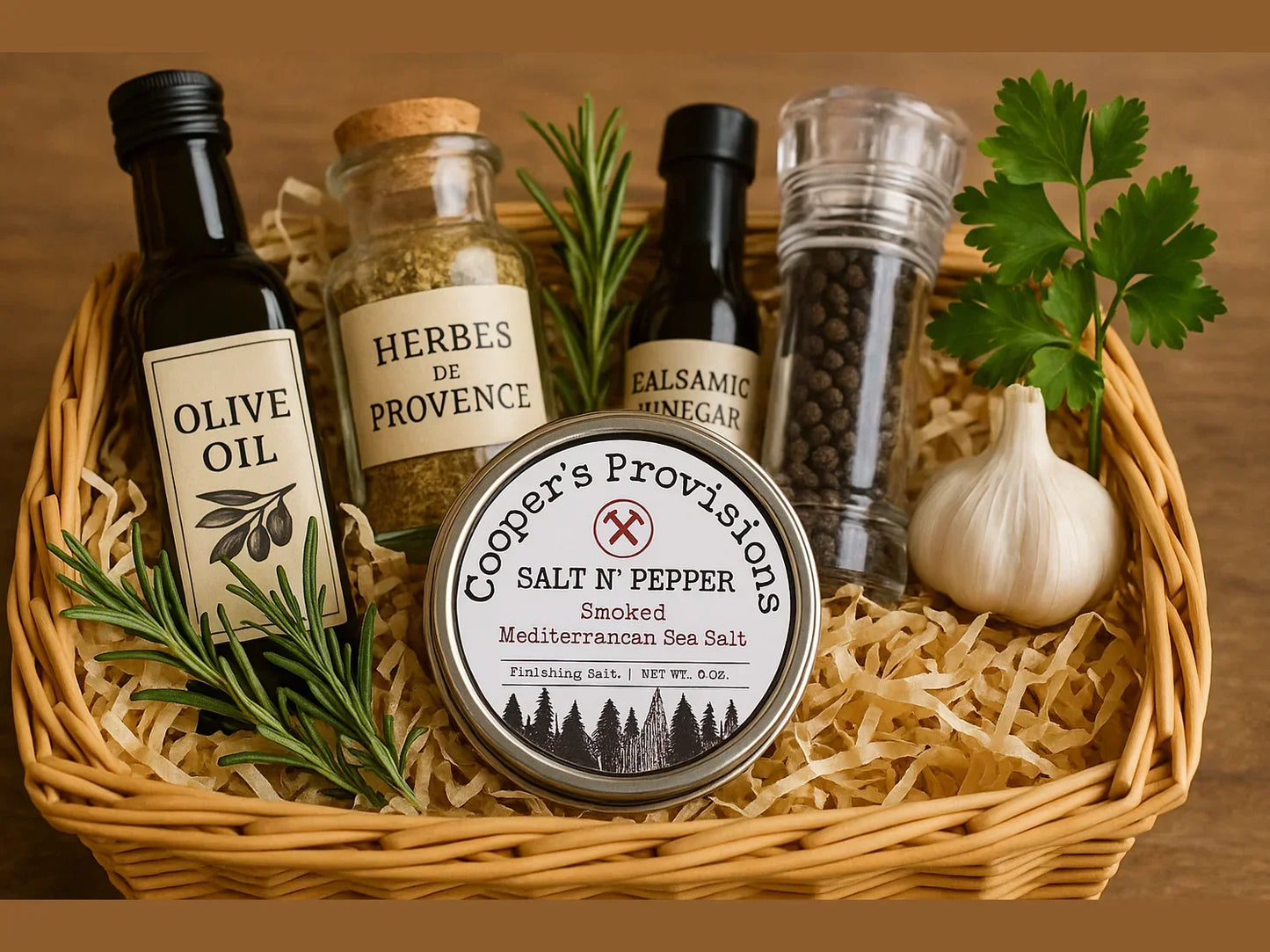 Gourmet gift basket with olive oil, balsamic vinegar, herbs, black pepper grinder, garlic, and sea salt.