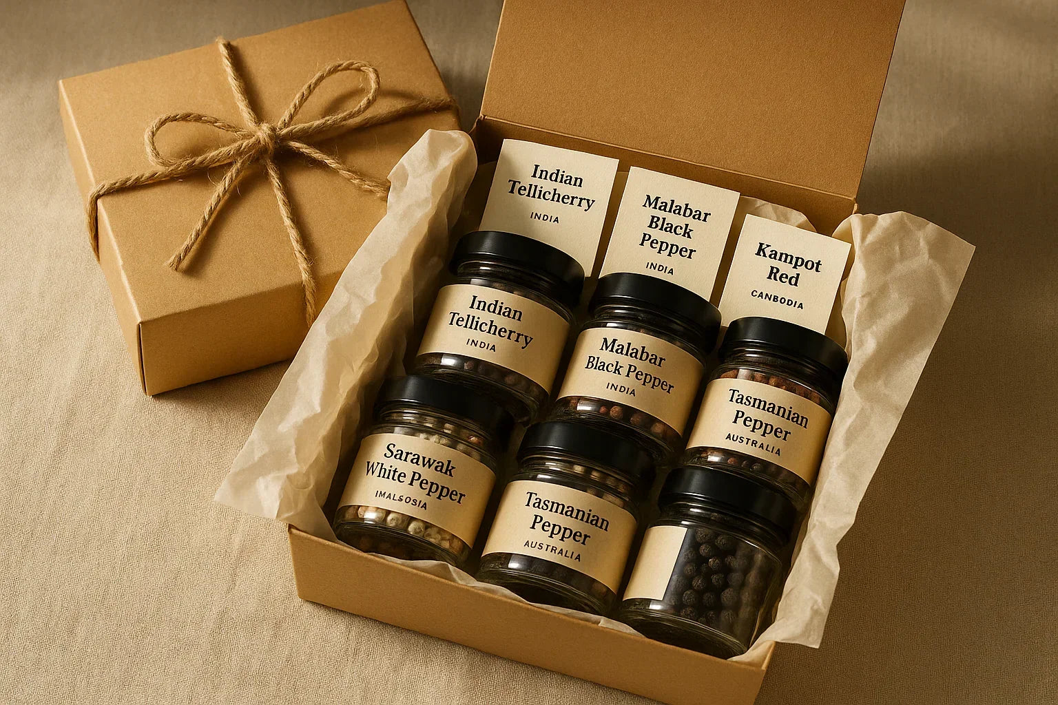 Gift box of assorted gourmet pepper jars with origin cards and decorative ribbon