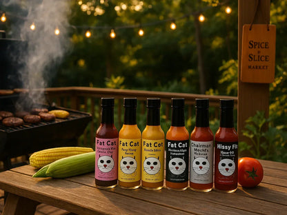 Artisan hot sauces on picnic table at backyard BBQ with corn, burgers, and tomato at golden hour